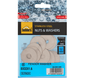 Build and Fix 10 x Stainless Steel Fender Washers (32 x 8 x 1.2mm)